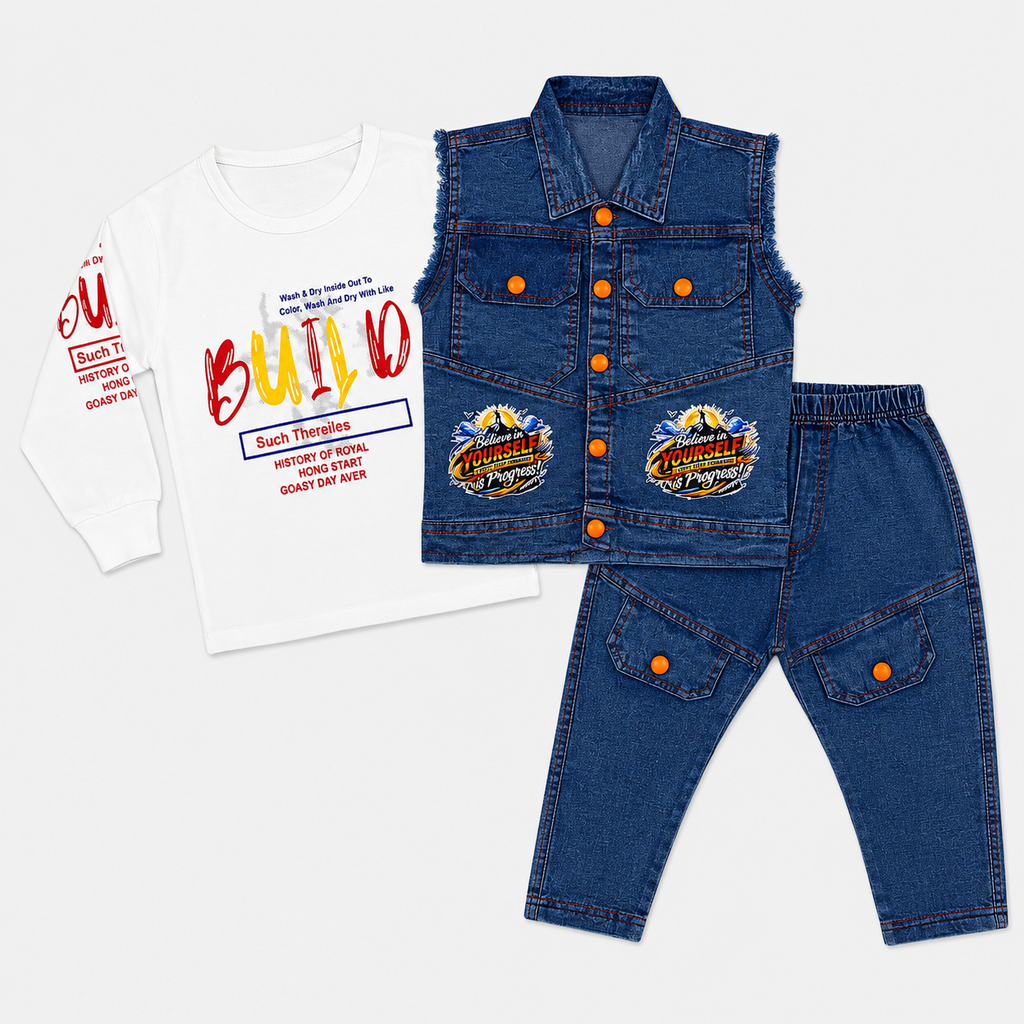 Boys Denim 3-Piece Suit with Sleeveless Jacket, Printed T-Shirt & Trouser
