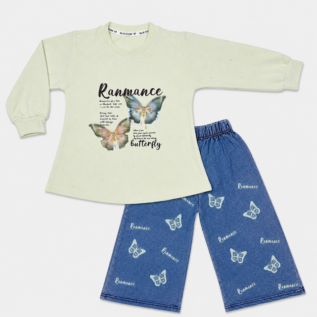Girls Butterfly 3D Look | Premium Jersey With Denim | 2-Piece Suit