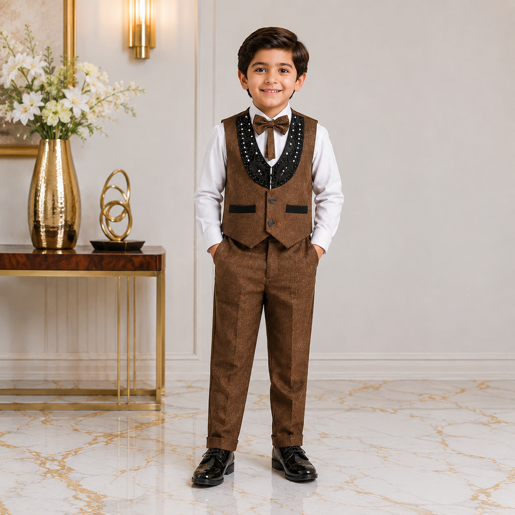 Boys 4-Piece Premium Waistcoat Suit for Kids | Shirt, Waistcoat, Pant & Bow Tie