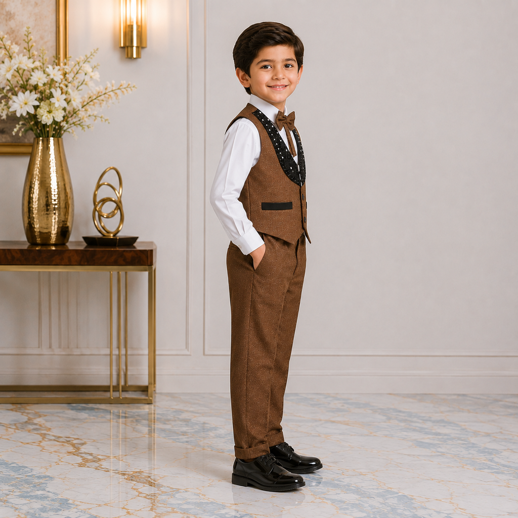 Boys 4-Piece Premium Waistcoat Suit for Kids | Shirt, Waistcoat, Pant & Bow Tie