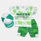 Boys 14 August Jersey 3 Piece Outfit – Pakistan Print Shirt Shorts & Cap – 6 Months to 4 Years
