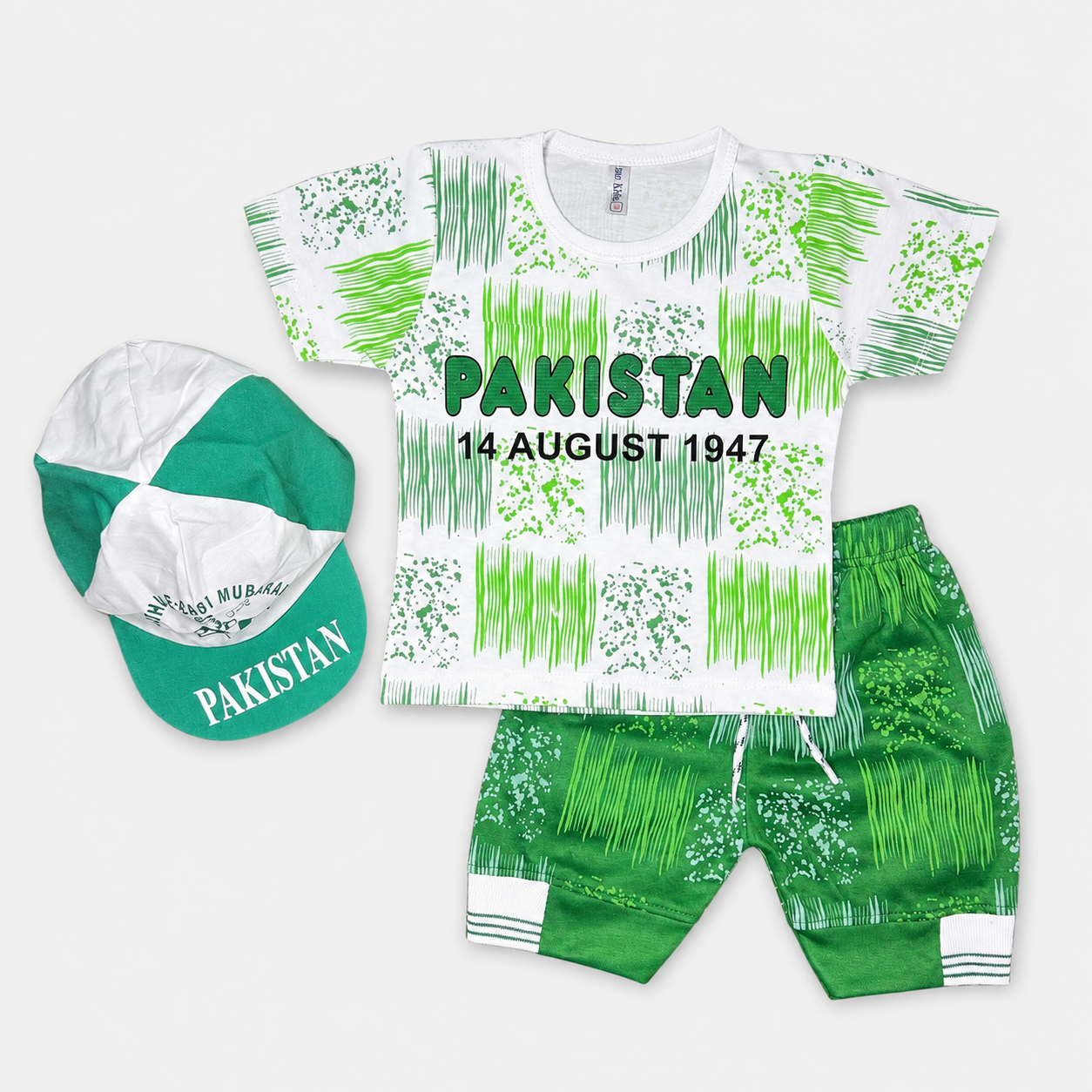 Boys 14 August Jersey 3 Piece Outfit – Pakistan Print Shirt Shorts & Cap – 6 Months to 4 Years