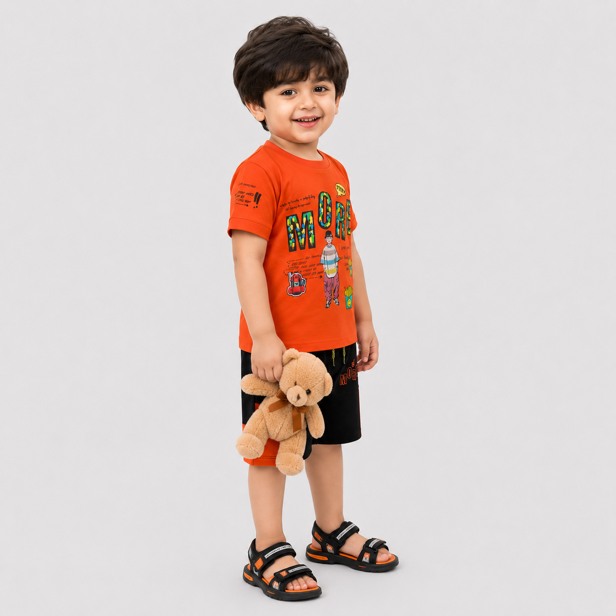 Boys Jersey Short Suit – Orange Black 2 Piece Summer Set | Lamtar Kids