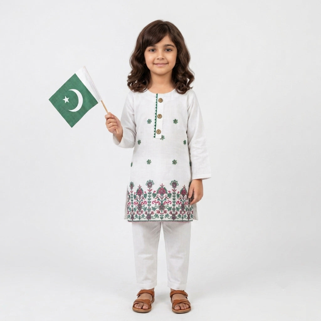KIDS 2-PIECE WHITE EMBROIDERED KURTI PAJAMA SUIT (14 AUGUST SPECIAL)