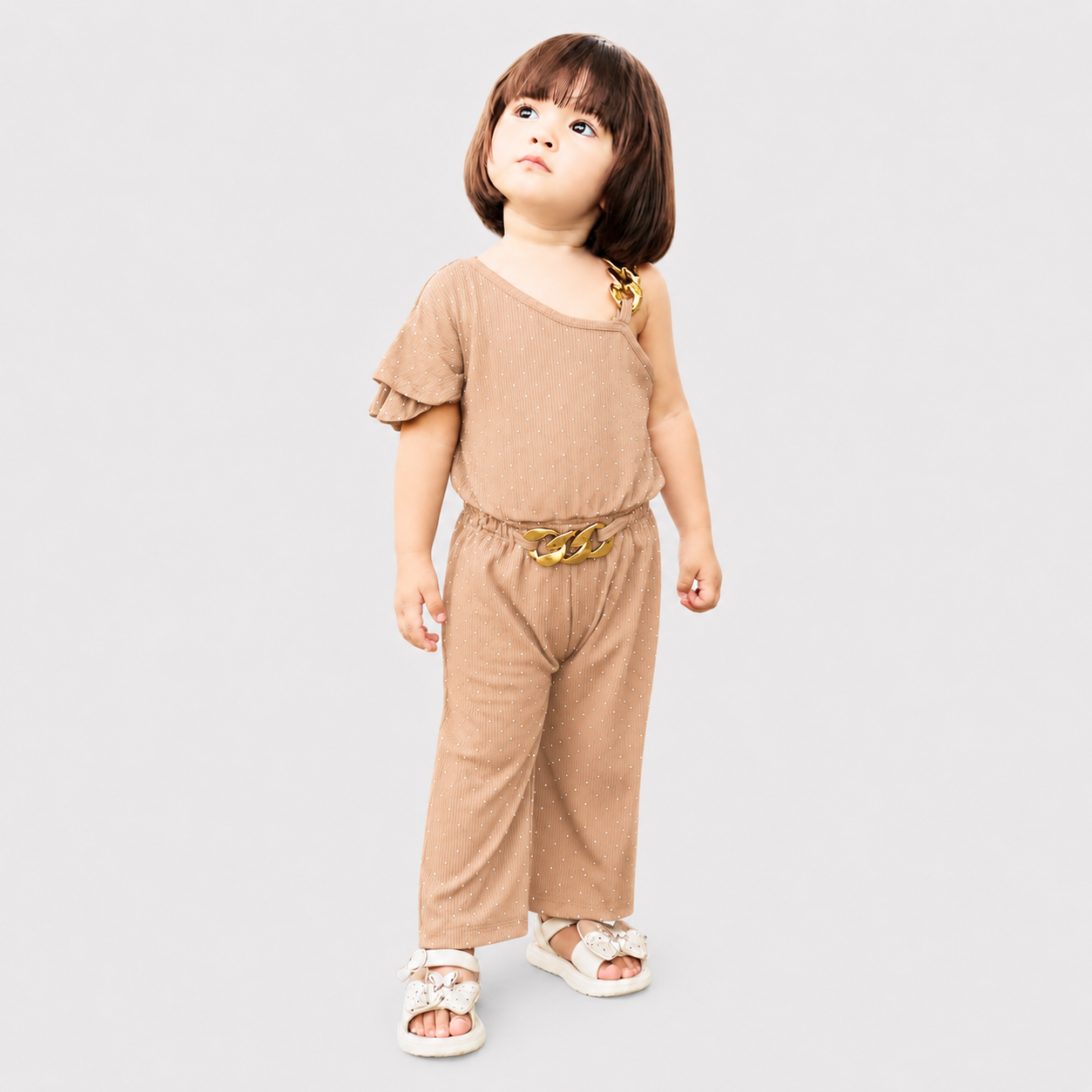 Girls Imported Jersey One Shoulder Jumpsuit – Beige Fancy Outfit | Lamtar Kids