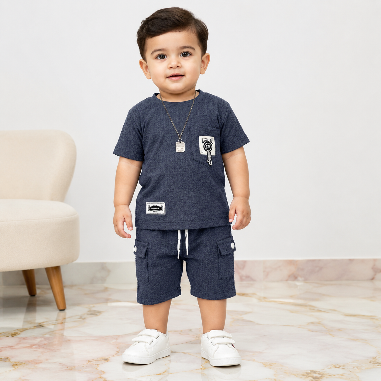 Baby Boy Imported Jersey Textured Short Suit – Grey Color