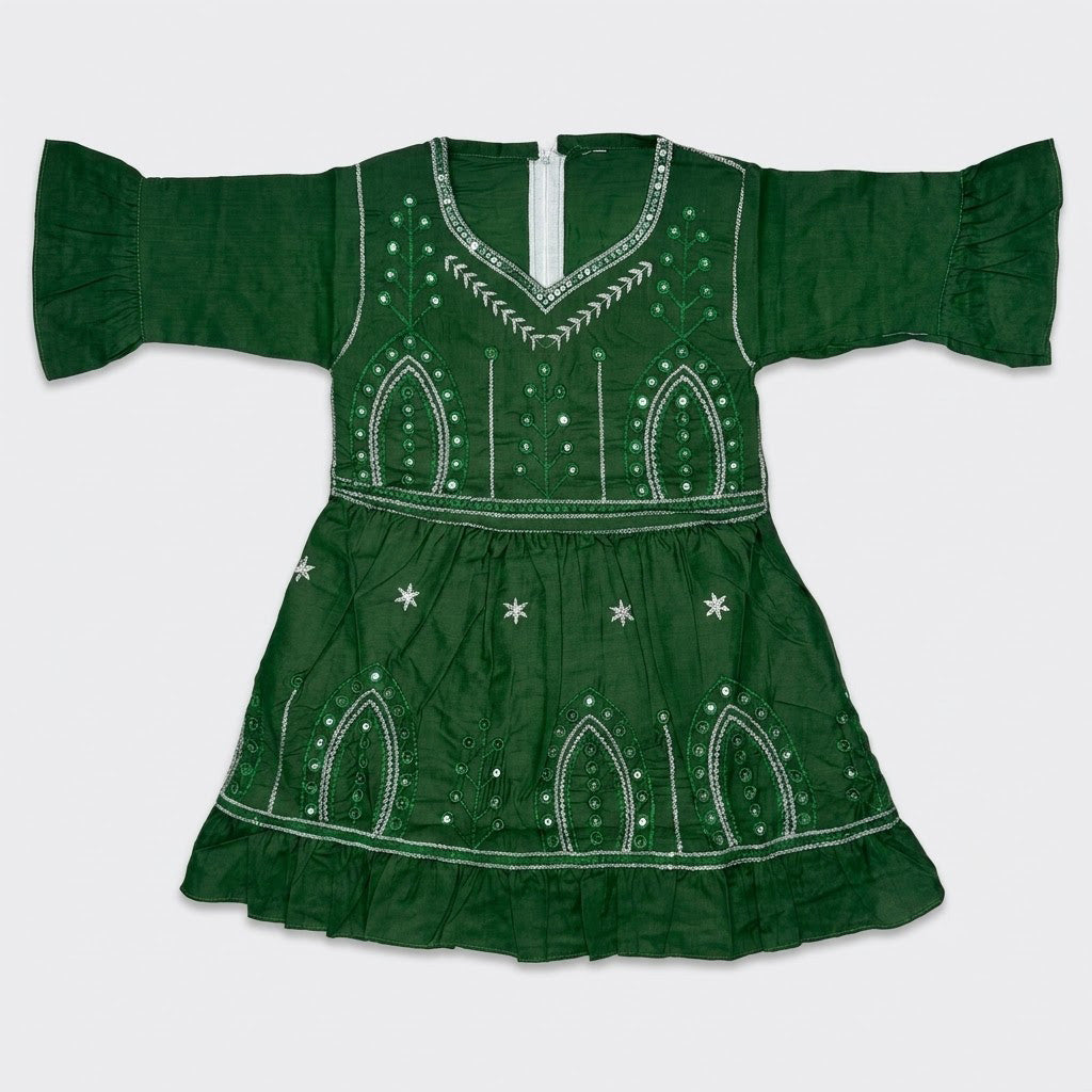 Girls All-Green Embroidered Azadi Suit with Matching Bag (4-7 Years)