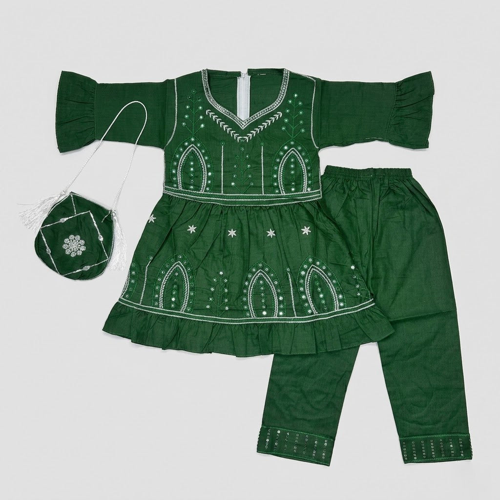 Girls All-Green Embroidered Azadi Suit with Matching Bag (4-7 Years)