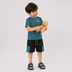Boys Jersey Short Suit – Teal Green Black 2 Piece Summer Set | Lamtar Kids