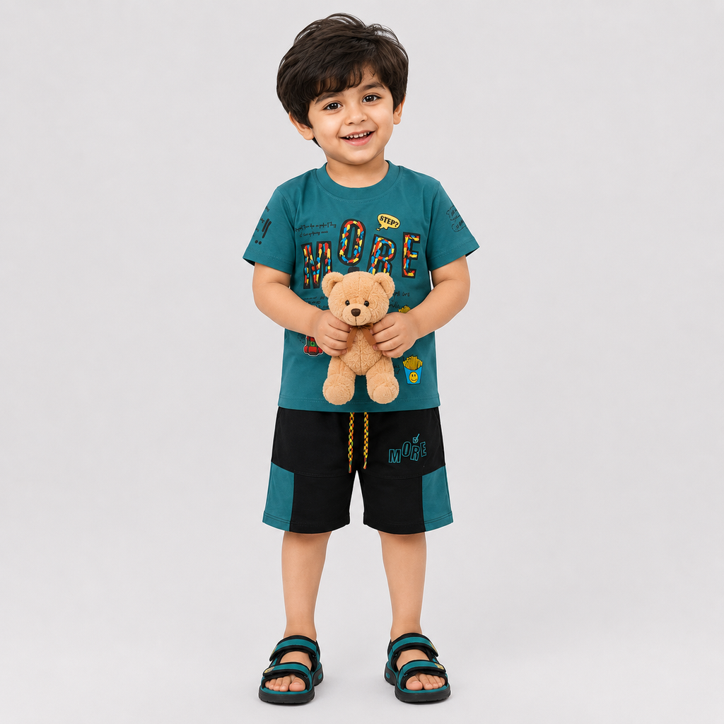 Boys Jersey Short Suit – Teal Green Black 2 Piece Summer Set | Lamtar Kids