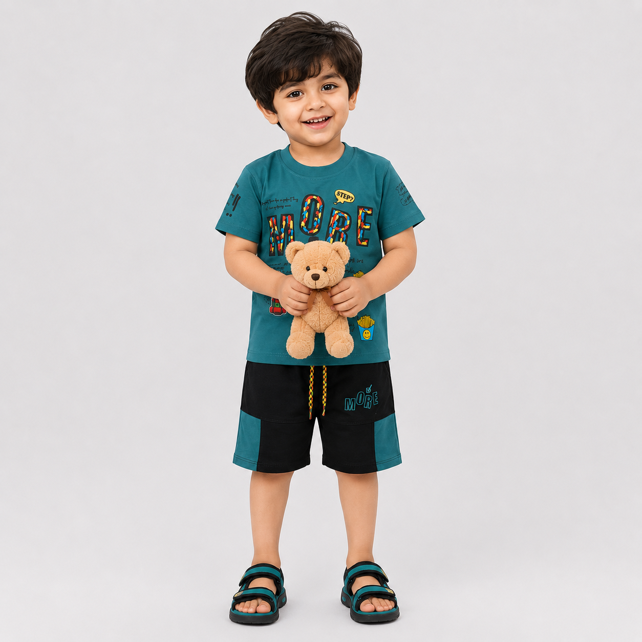 Boys Jersey Short Suit – Teal Green Black 2 Piece Summer Set | Lamtar Kids
