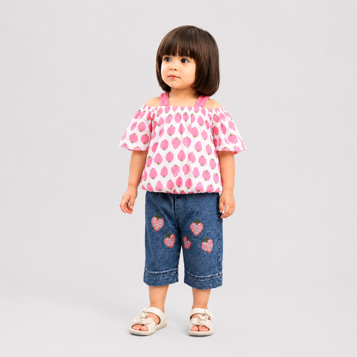 Girls Strawberry Top & Denim Shorts Set – 2 Piece Summer Outfit