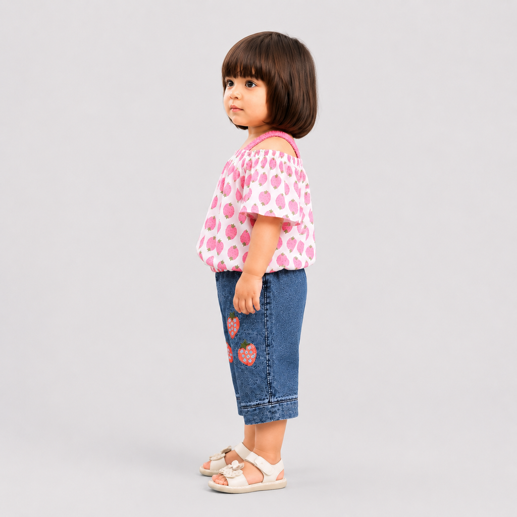 Girls Strawberry Top & Denim Shorts Set – 2 Piece Summer Outfit