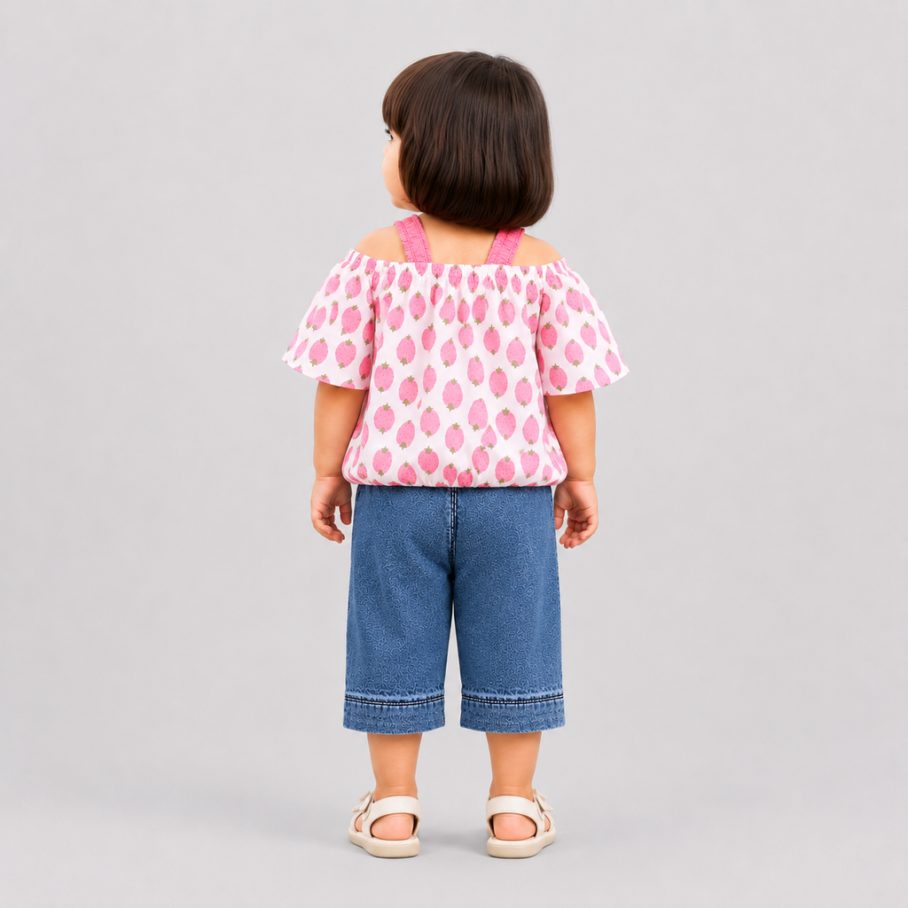 Girls Strawberry Top & Denim Shorts Set – 2 Piece Summer Outfit