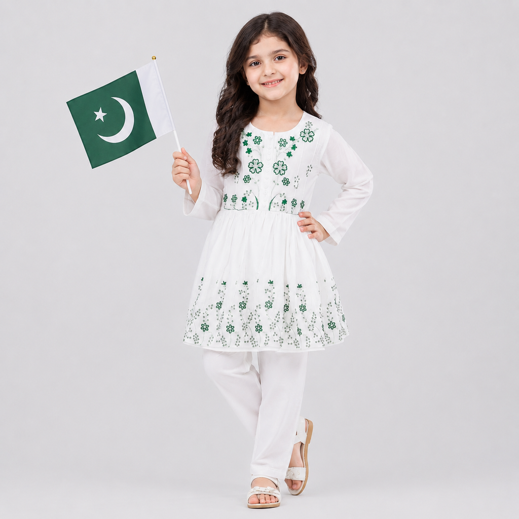 KIDS 2-PIECE WHITE & GREEN EMBROIDERED FROCK SUIT (14 AUGUST SPECIAL)