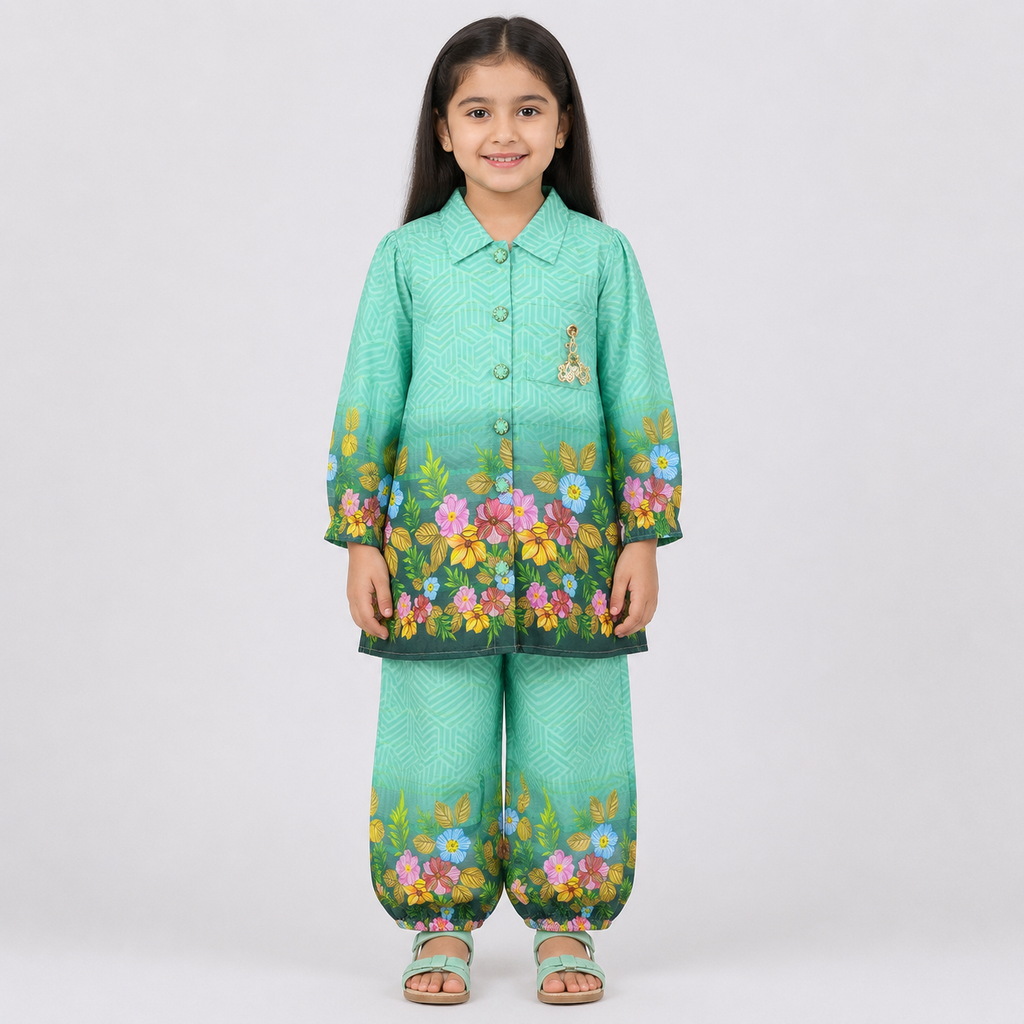 Girls Printed Chiffon 3 Piece Suit | Sea Green Floral | Lamtar Kids