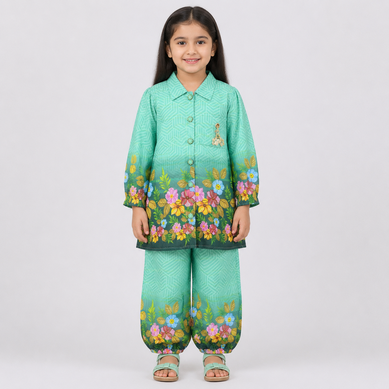Girls Printed Chiffon 3 Piece Suit | Sea Green Floral | Lamtar Kids