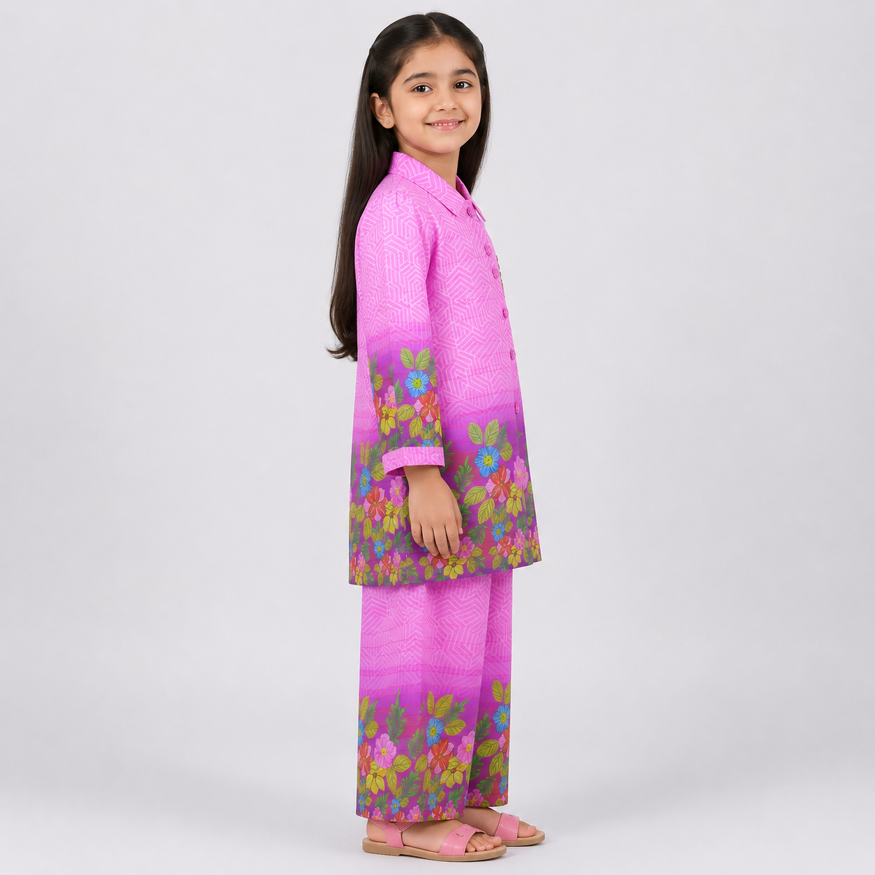Girls Printed Chiffon 3 Piece Suit – Pink Floral Kids Dress | Lamtar Kids
