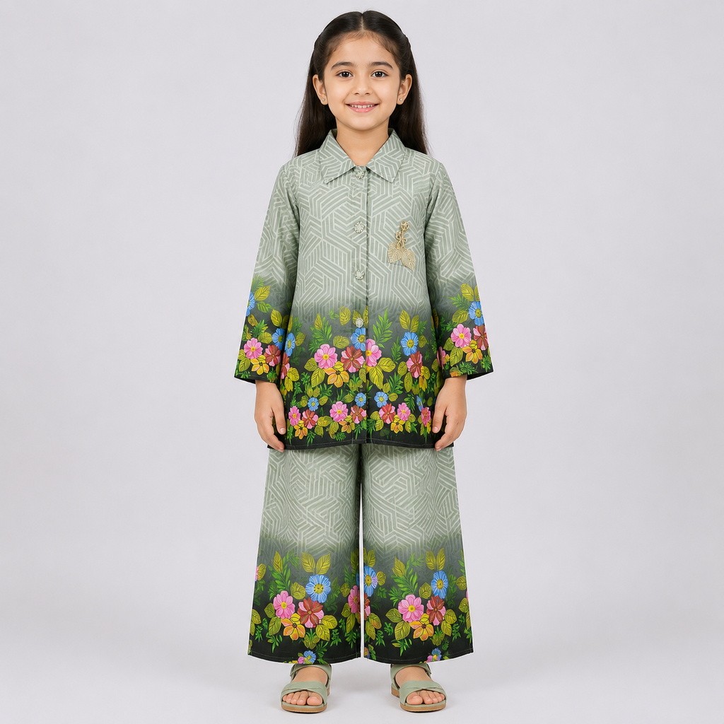 Girls Printed Chiffon 3 Piece Suit – Olive Green Floral Kids Dress | Lamtar Kids