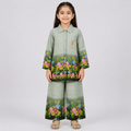 Girls Printed Chiffon 3 Piece Suit – Olive Green Floral Kids Dress | Lamtar Kids