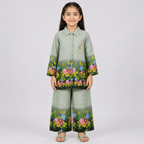 Girls Printed Chiffon 3 Piece Suit – Olive Green Floral Kids Dress | Lamtar Kids