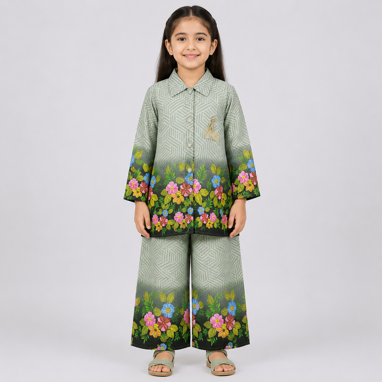 Girls Printed Chiffon 3 Piece Suit – Olive Green Floral Kids Dress | Lamtar Kids
