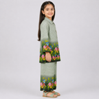 Girls Printed Chiffon 3 Piece Suit – Olive Green Floral Kids Dress | Lamtar Kids
