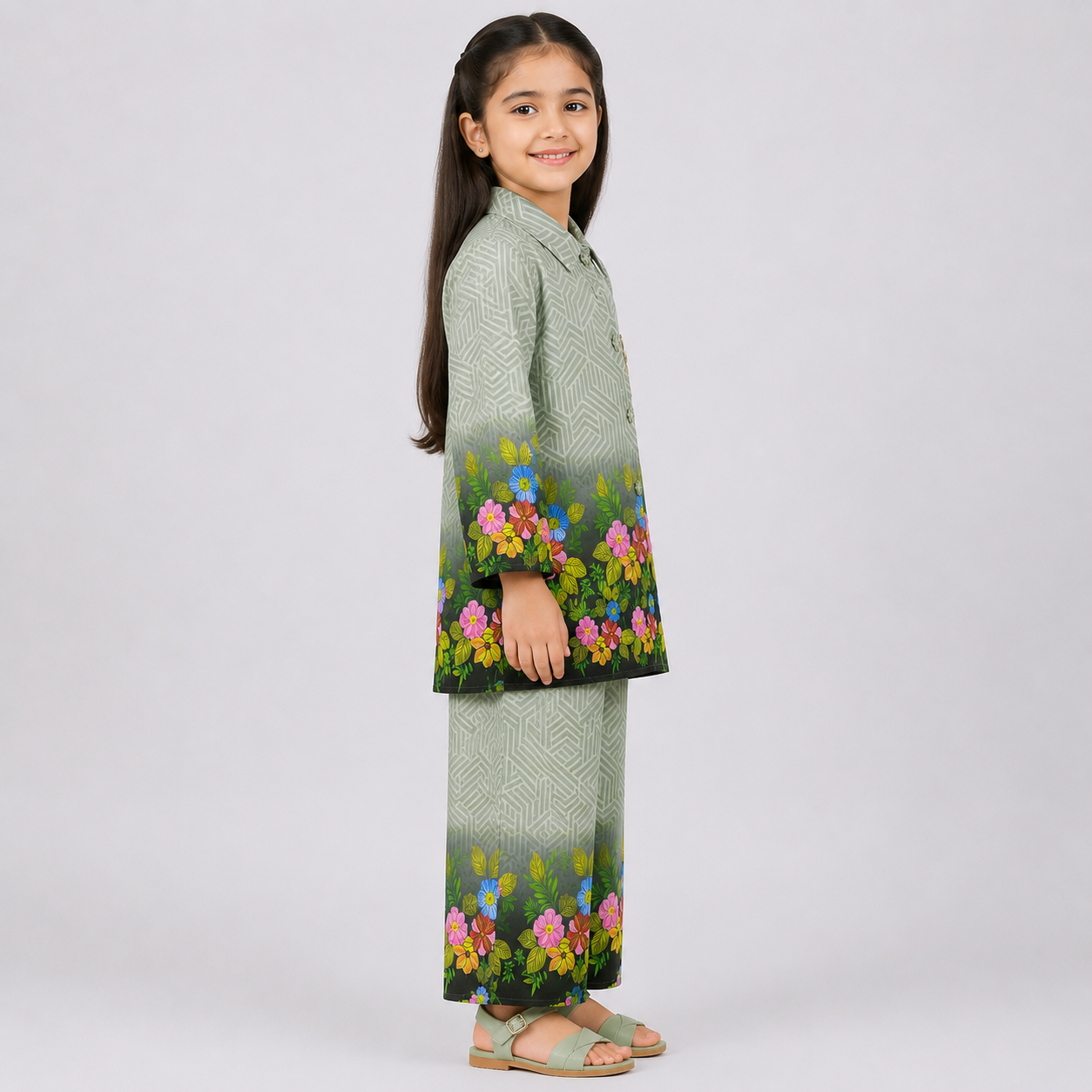 Girls Printed Chiffon 3 Piece Suit – Olive Green Floral Kids Dress | Lamtar Kids