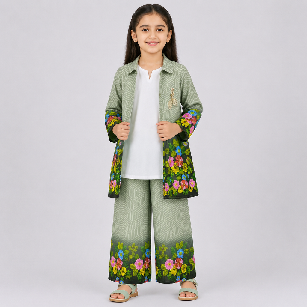 Girls Printed Chiffon 3 Piece Suit – Olive Green Floral Kids Dress | Lamtar Kids