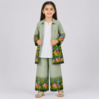 Girls Printed Chiffon 3 Piece Suit – Olive Green Floral Kids Dress | Lamtar Kids
