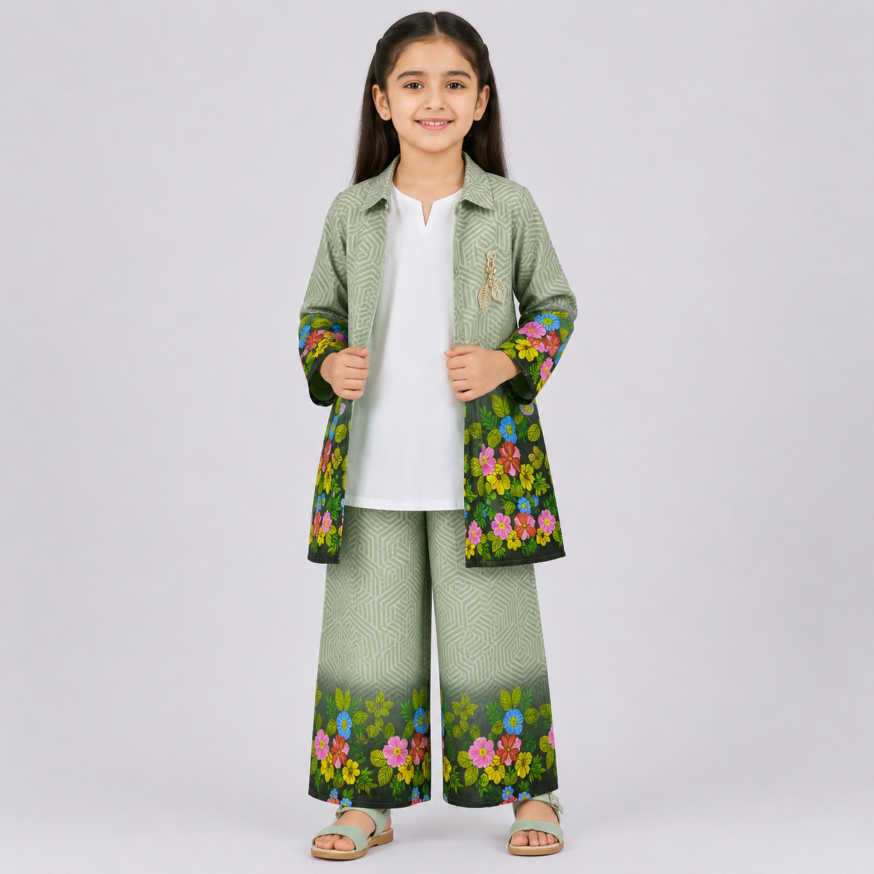Girls Printed Chiffon 3 Piece Suit – Olive Green Floral Kids Dress | Lamtar Kids