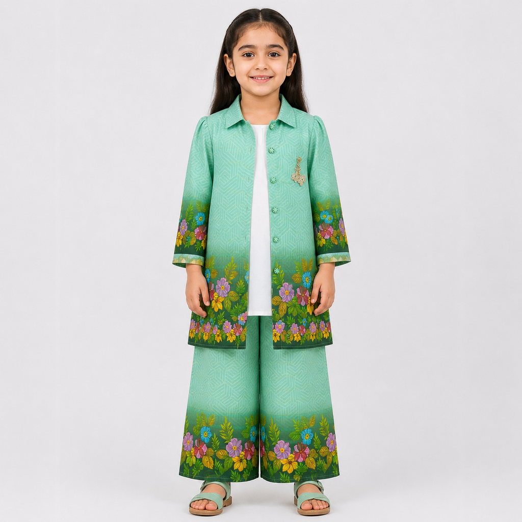 Girls Printed Chiffon 3 Piece Suit | Sea Green Floral | Lamtar Kids