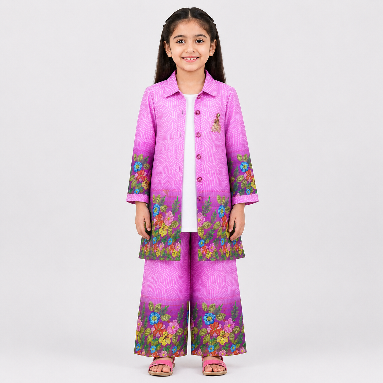 Girls Printed Chiffon 3 Piece Suit – Pink Floral Kids Dress | Lamtar Kids