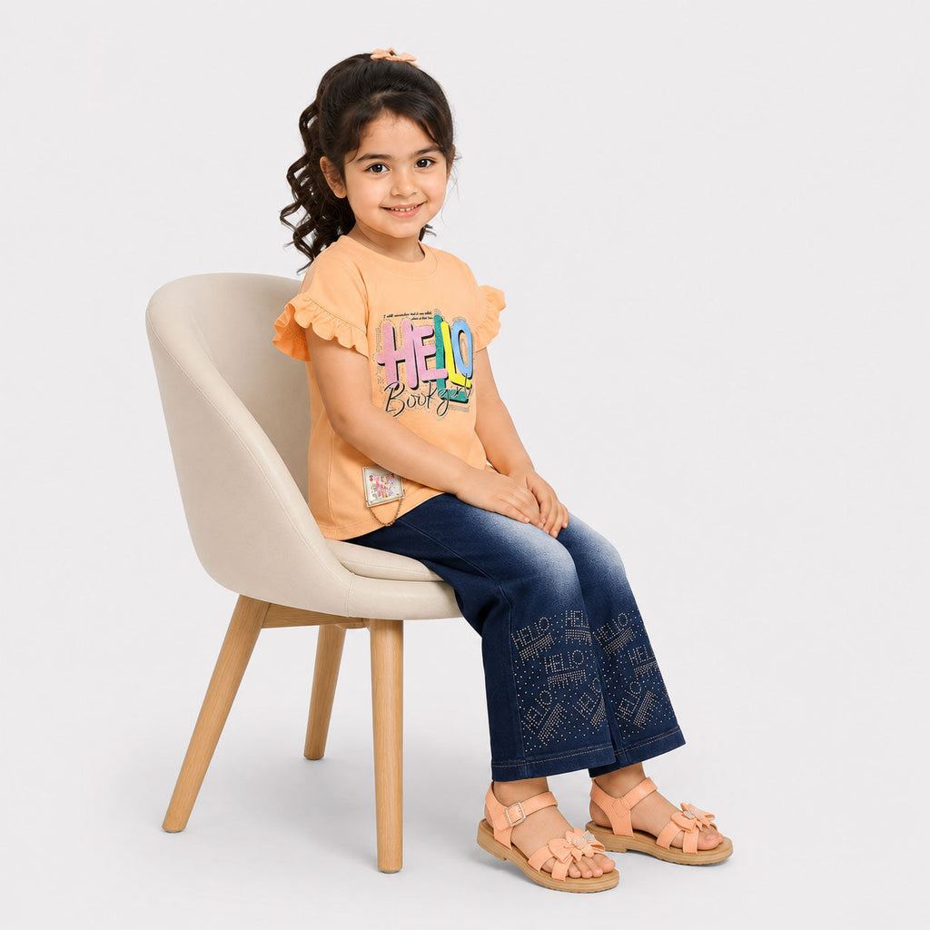 Girls Hello Beautiful Jersey Top & Stretchable Denim Jeans 2 Piece Outfit Set (1-7 Years)