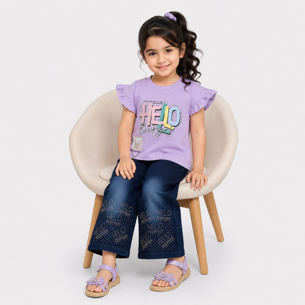 Girls Hello Beautiful Jersey Top & Stretchable Denim Jeans 2 Piece Outfit Set (1-7 Years)