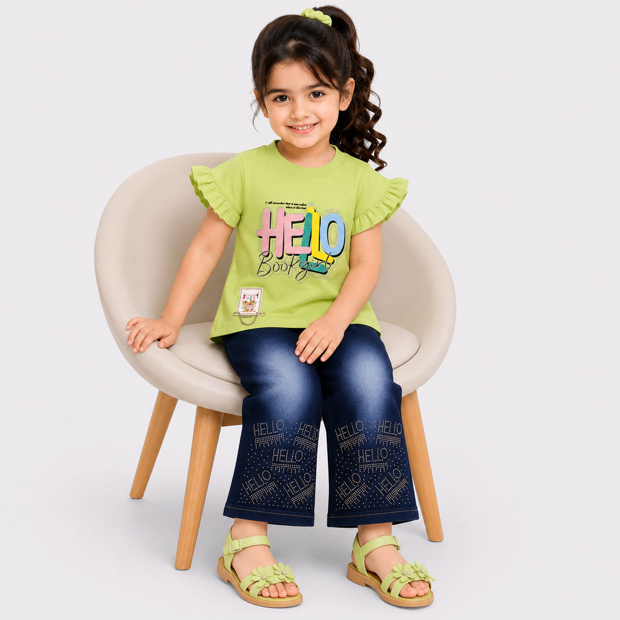 Girls Hello Beautiful Jersey Top & Stretchable Denim Jeans 2 Piece Outfit Set (1-7 Years)