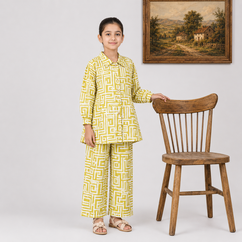 Girls Mustard Yellow Digital Printed Chiffon 3 Piece Suit | Lamtar Kids