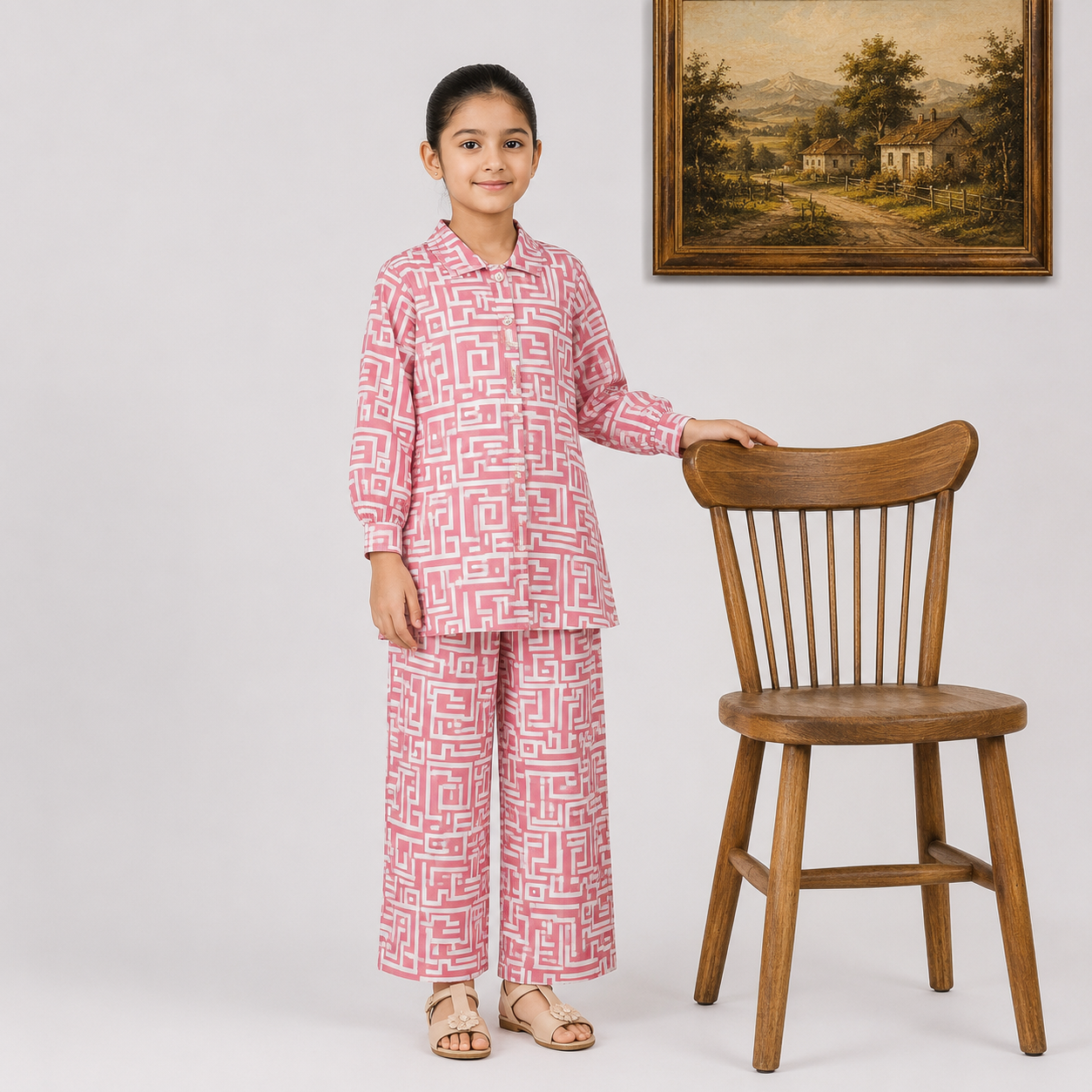 Girls Peach Pink Digital Printed Chiffon 3 Piece Suit | Lamtar Kids