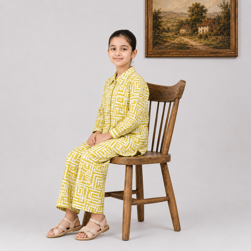 Girls Mustard Yellow Digital Printed Chiffon 3 Piece Suit | Lamtar Kids