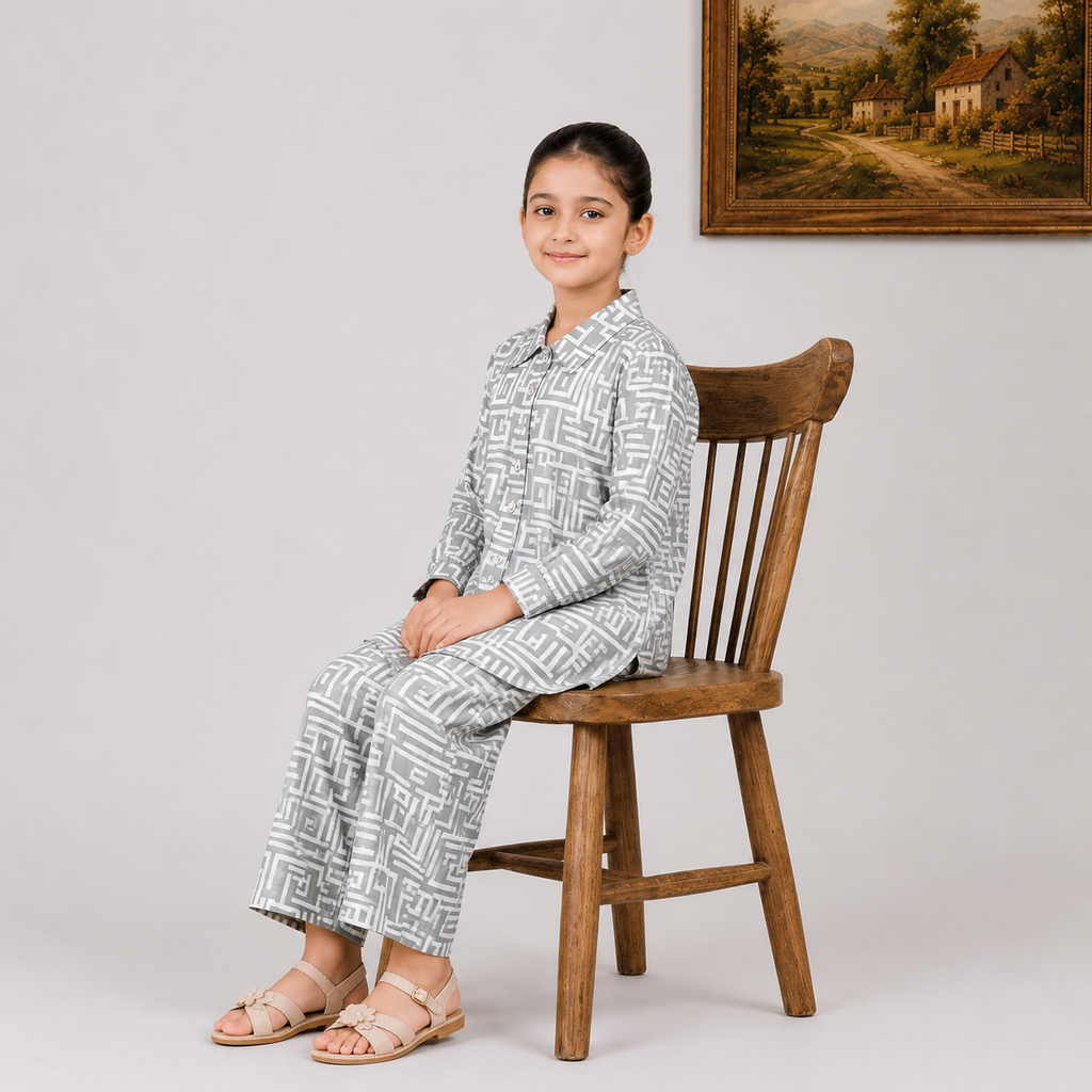 Girls Grey Geometric Digital Printed Chiffon 3 Piece Suit | Kids Co-Ord Set Pakistan | Lamtar Kids