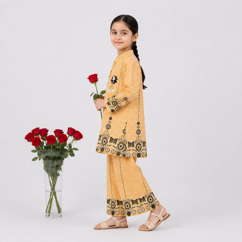 Girls Honey Mustard Digital Printed Chiffon Suit | Lamtar Kids