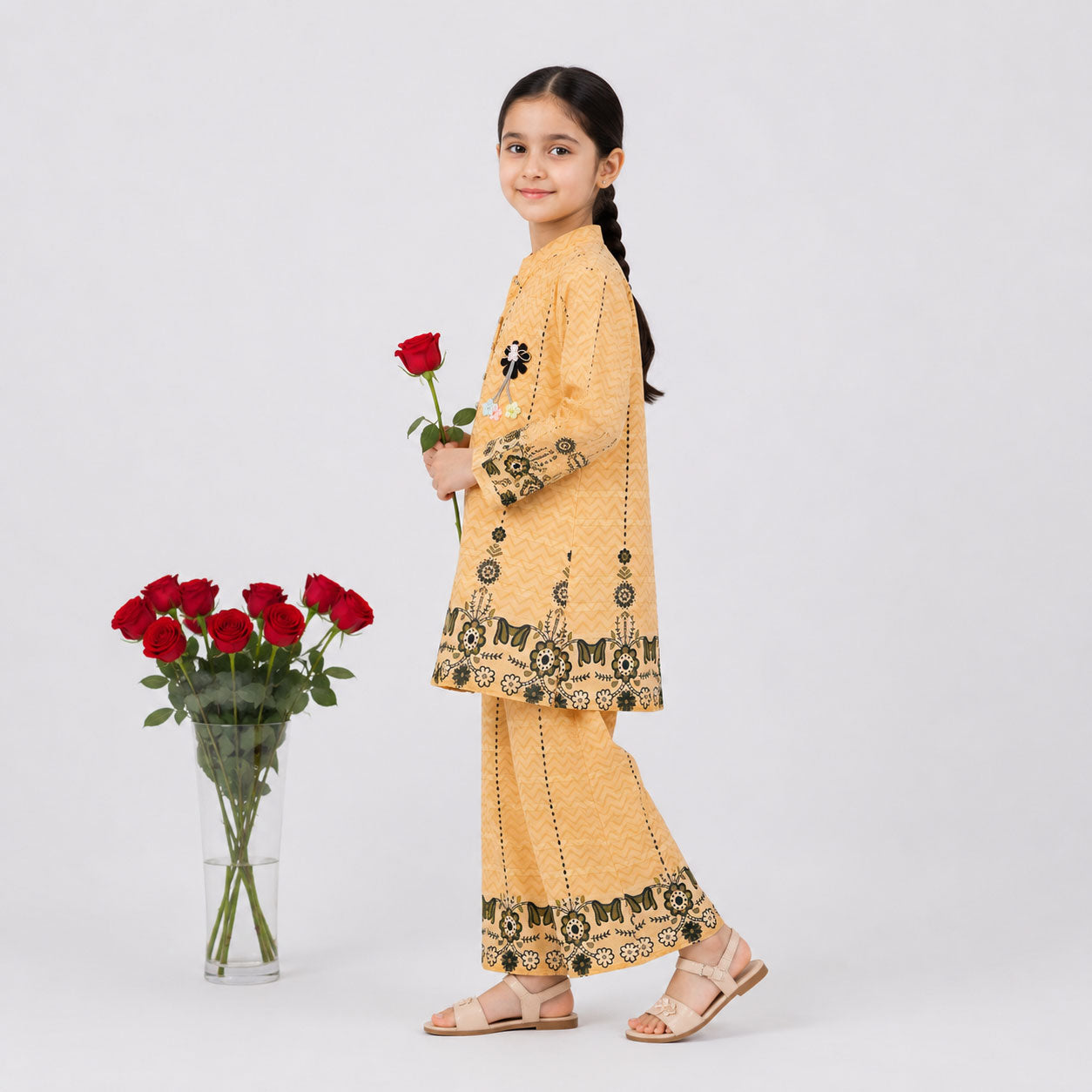 Girls Honey Mustard Digital Printed Chiffon Suit | Lamtar Kids