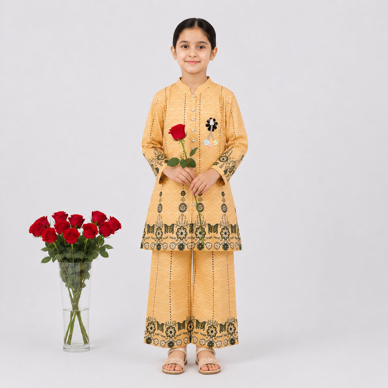 Girls Honey Mustard Digital Printed Chiffon Suit | Lamtar Kids