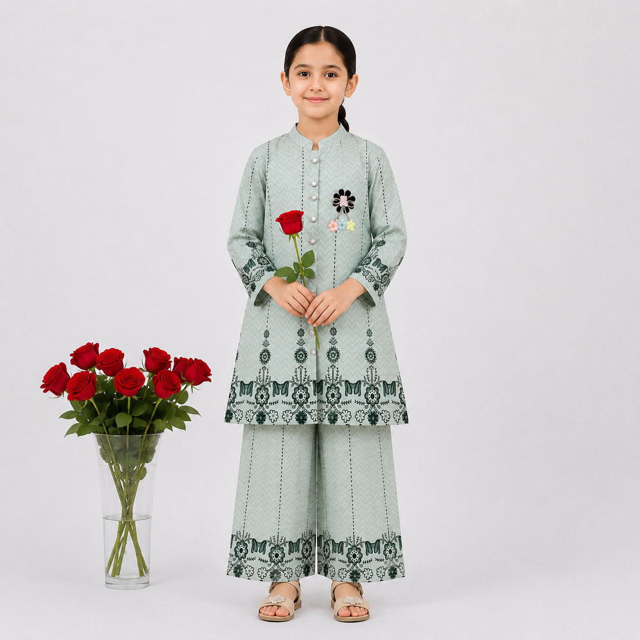 Sage Green Digital Printed Chiffon Girls Suit | 4–10 Years | Lamtar Kids