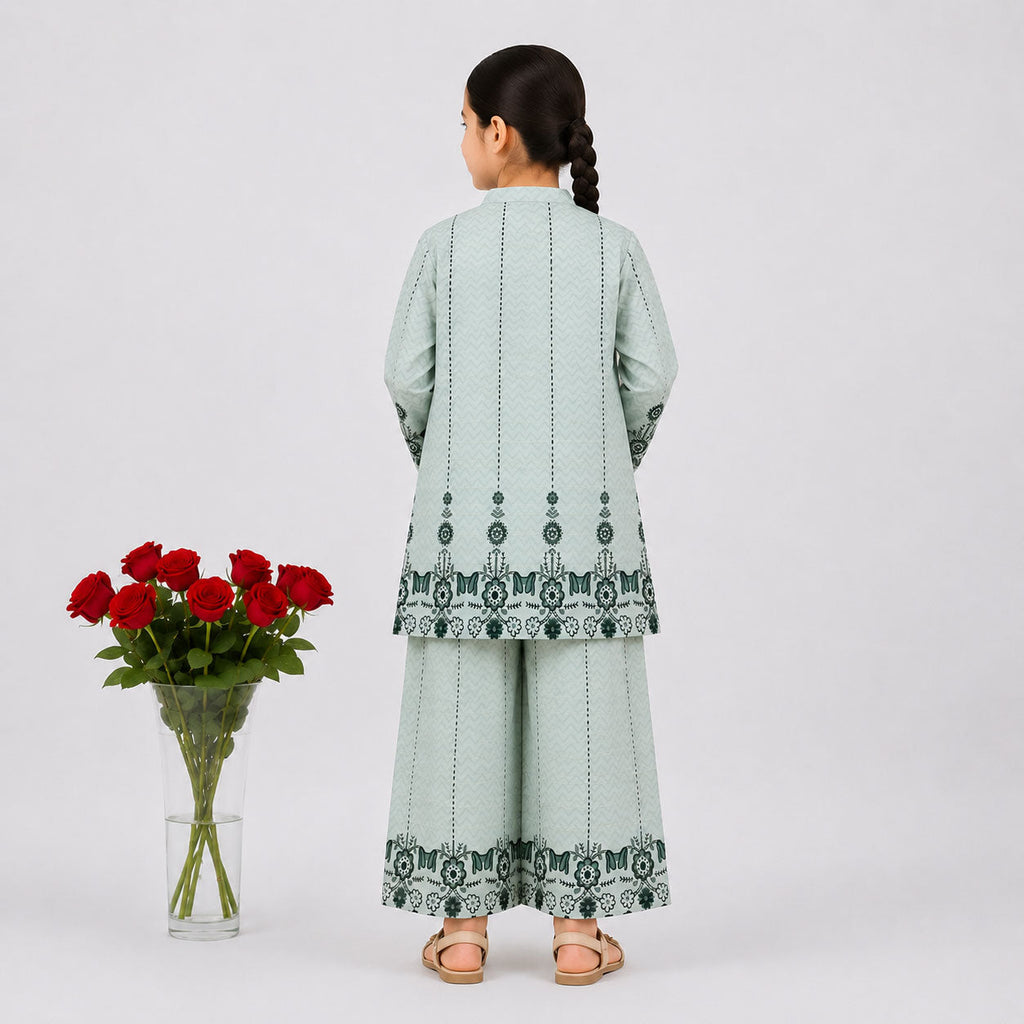Sage Green Digital Printed Chiffon Girls Suit | 4–10 Years | Lamtar Kids