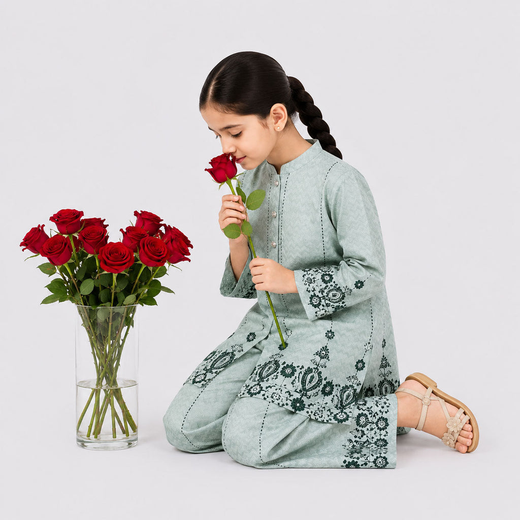Sage Green Digital Printed Chiffon Girls Suit | 4–10 Years | Lamtar Kids