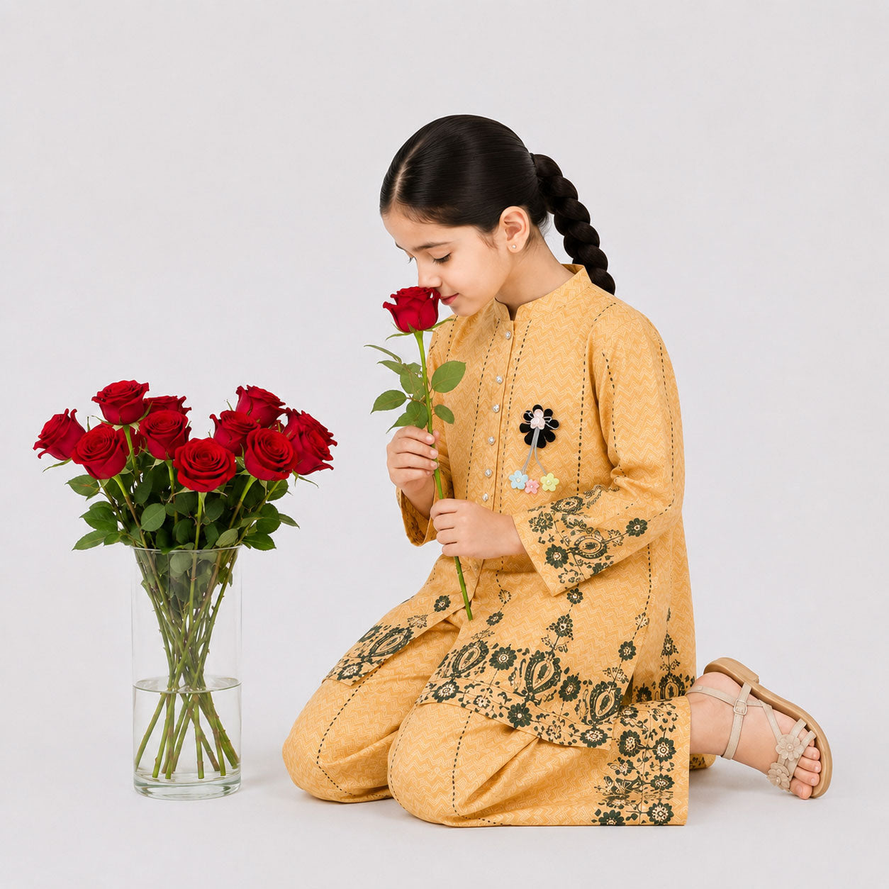 Girls Honey Mustard Digital Printed Chiffon Suit | Lamtar Kids