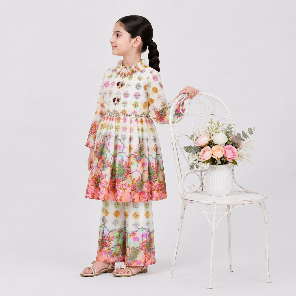 Girls Digital Printed Chiffon Frock Style 2 Piece Suit | Frock & Plazo Style Bottom | 4–10 Years | Lamtar Kids