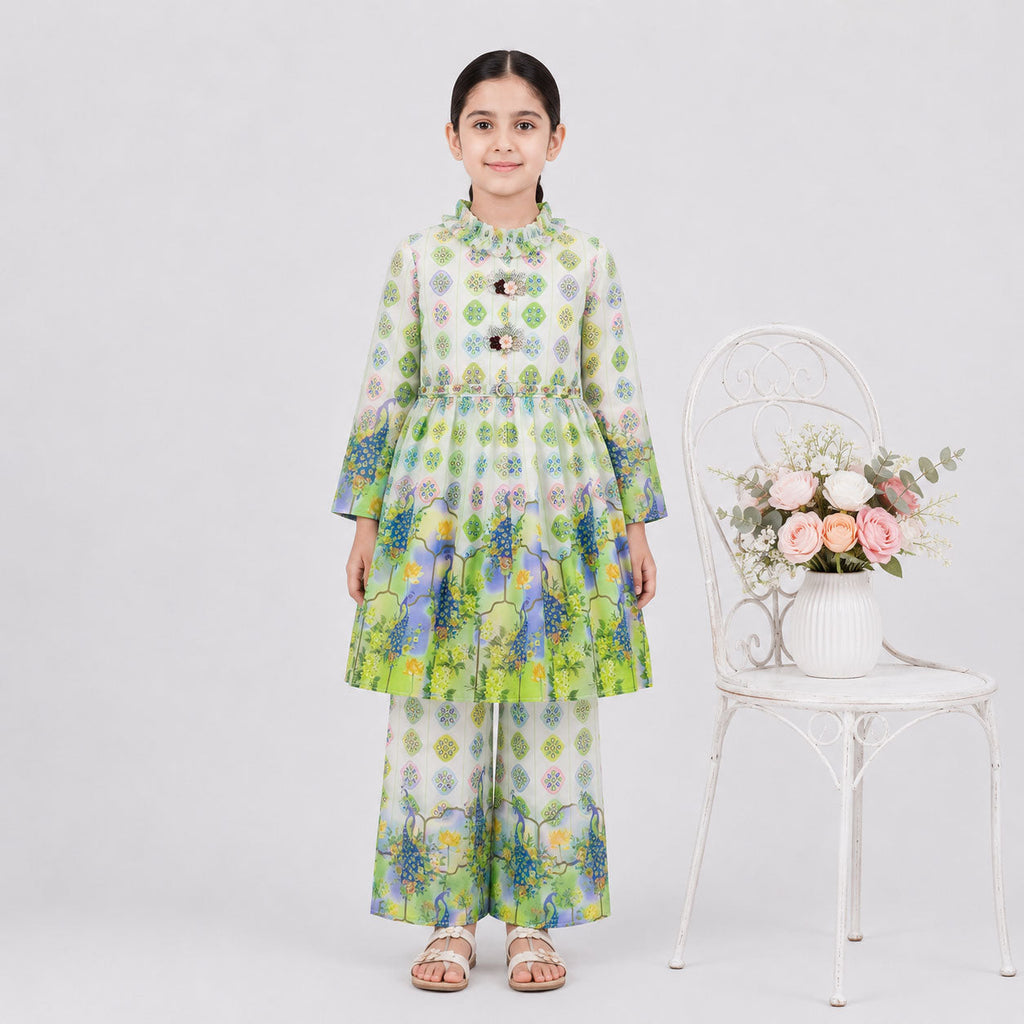 Girls Green Digital Printed Chiffon Frock  2 Piece Suit | Floral Printed Frock & Trouser | 4–10 Years | Lamtar Kids