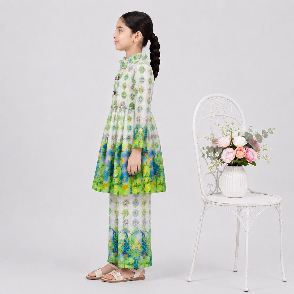 Girls Green Digital Printed Chiffon Frock  2 Piece Suit | Floral Printed Frock & Trouser | 4–10 Years | Lamtar Kids